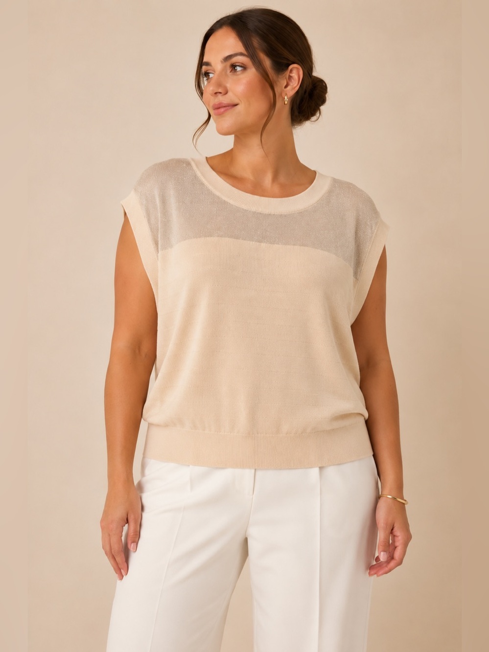 Sam Edelman Sleeveless Cream Sheer Metallic Shimmer Knit Textured Sweater Top XL